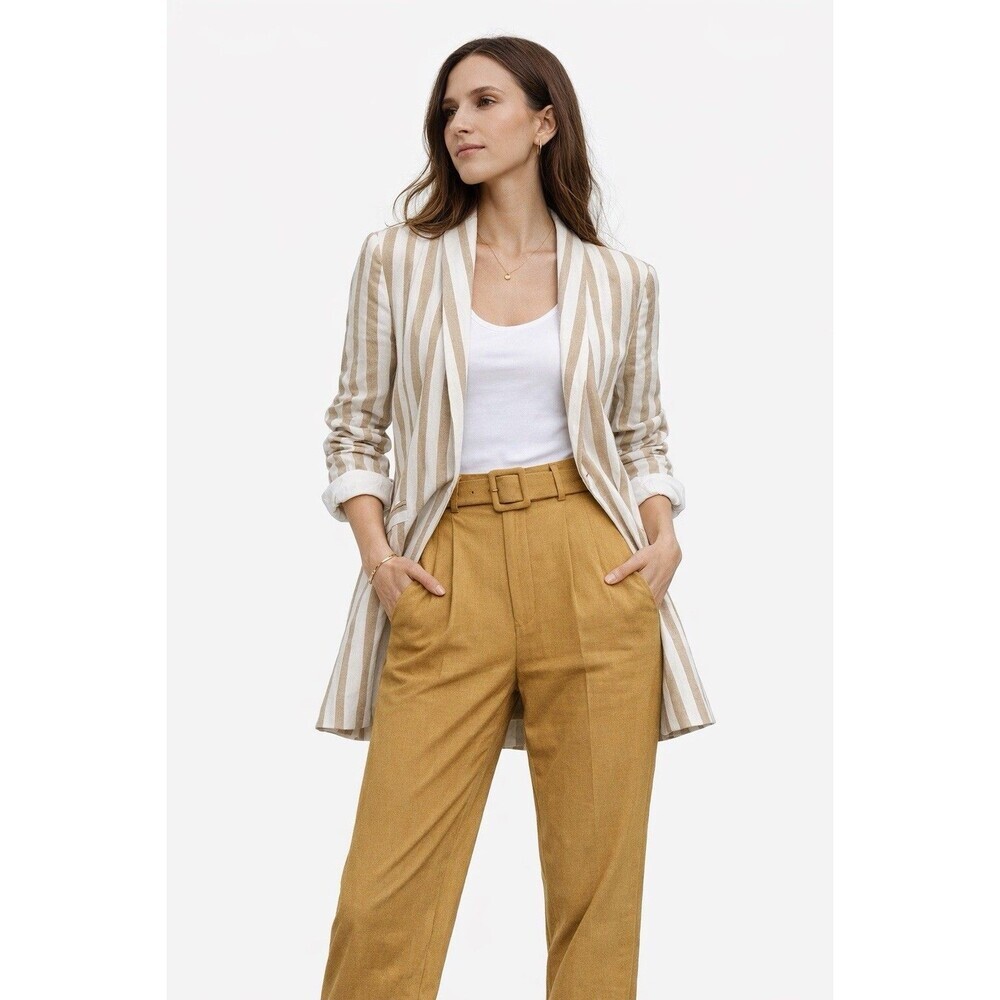Chriselle x J.O.A. Striped Summer Boyfriend Blazer Tan White Longline Size S